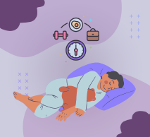 A imagem, em tons roxo, apresenta uma ilustração de um 
                    homem dormindo e acima dele possui os desenhos de um relogio, maleta, dieta e peso de academia, 
                    que representam os sonhos do paciente